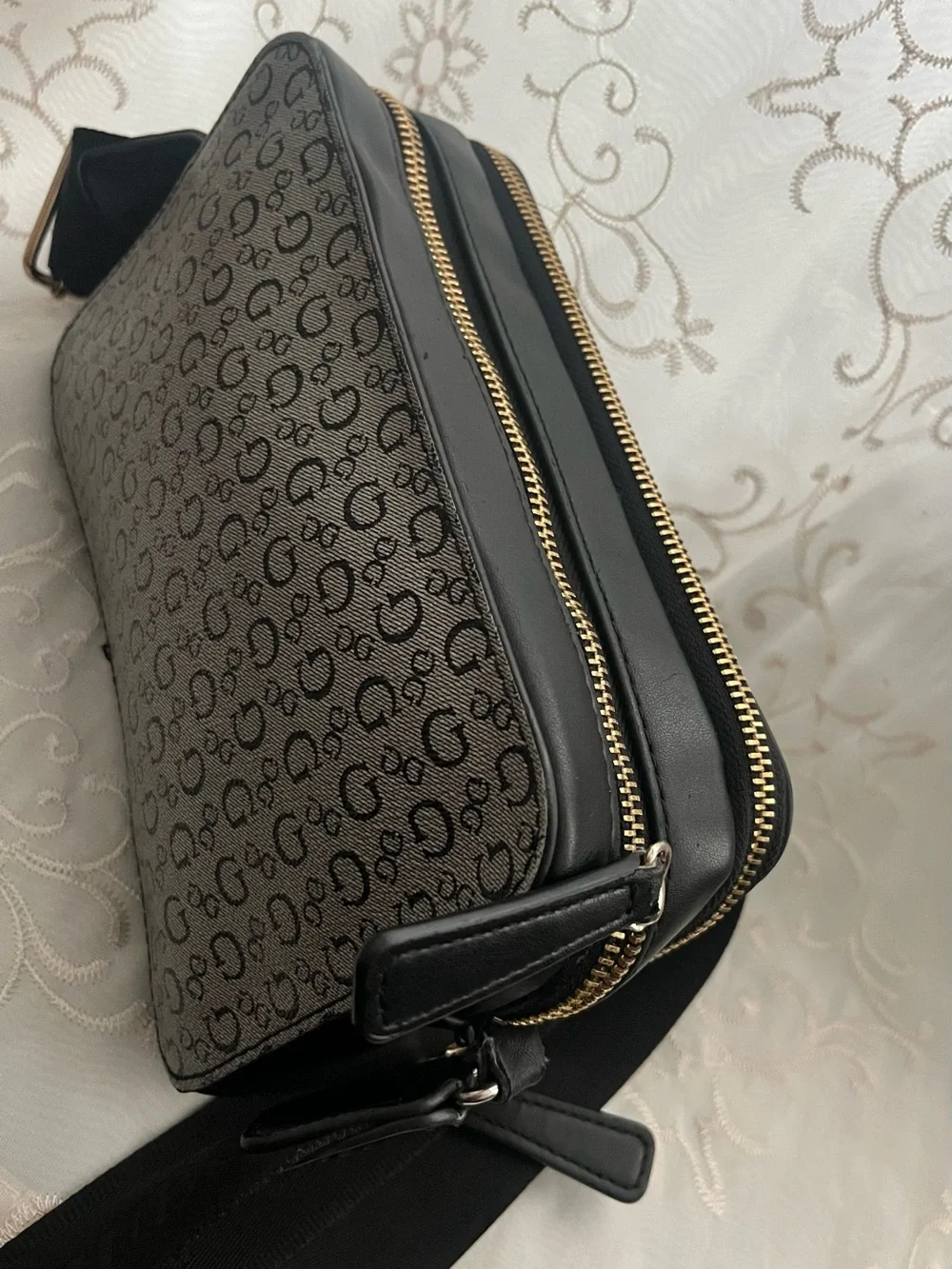 GUESS Monogram Messenger Bag in Beige and Black